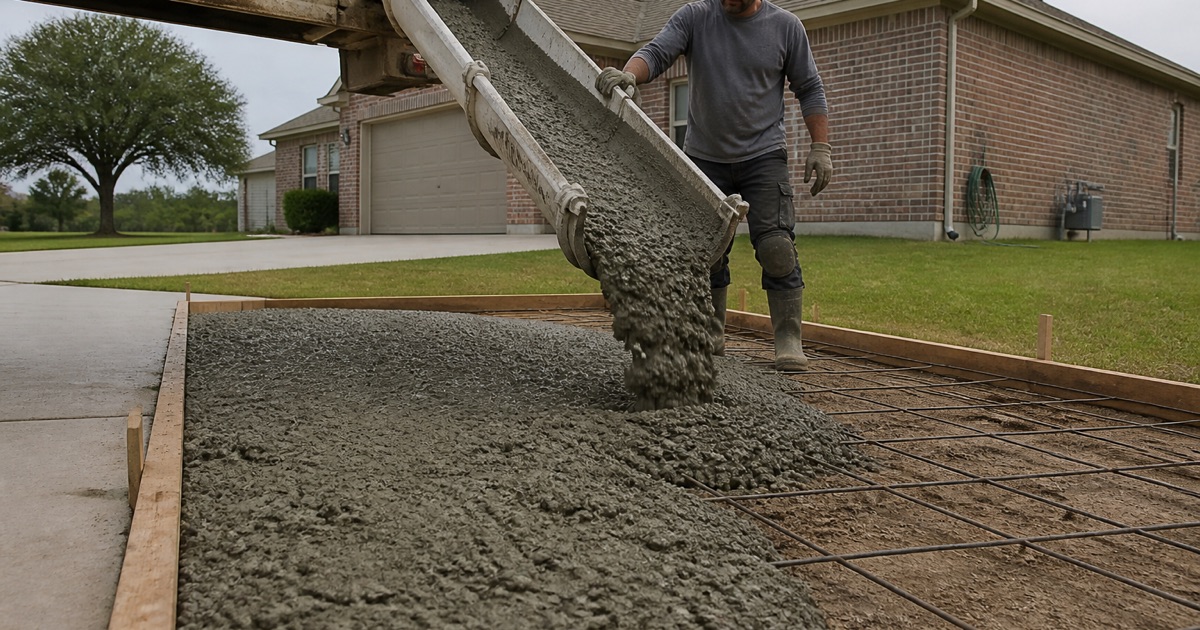 A ready mix chute being guided as concrete discharges into a formed slab in Leander.