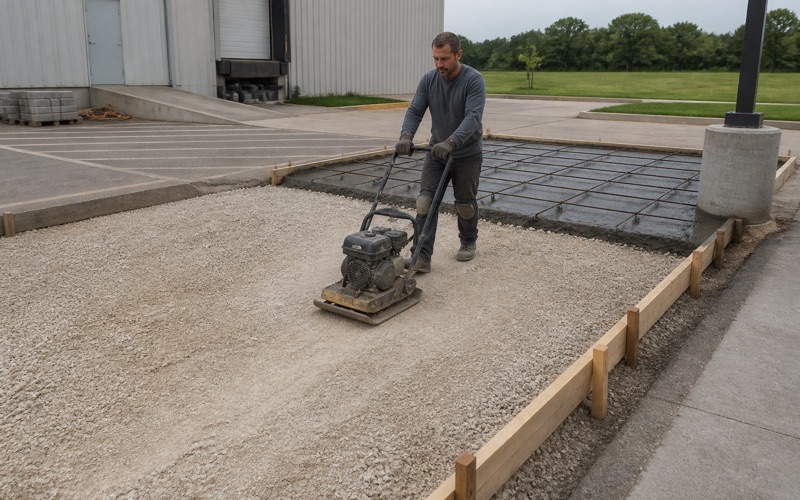 A plate compactor being walked across flexible base for a commercial concrete dumpster pad in Leander, the poured apron alongside.
