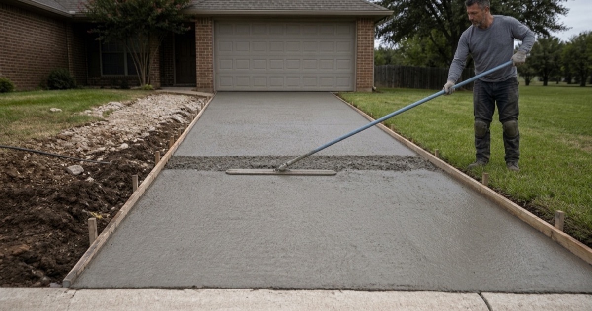 A bull float being pushed out across a freshly placed concrete driveway in Leander, the forms and grade stakes still standing on both sides.