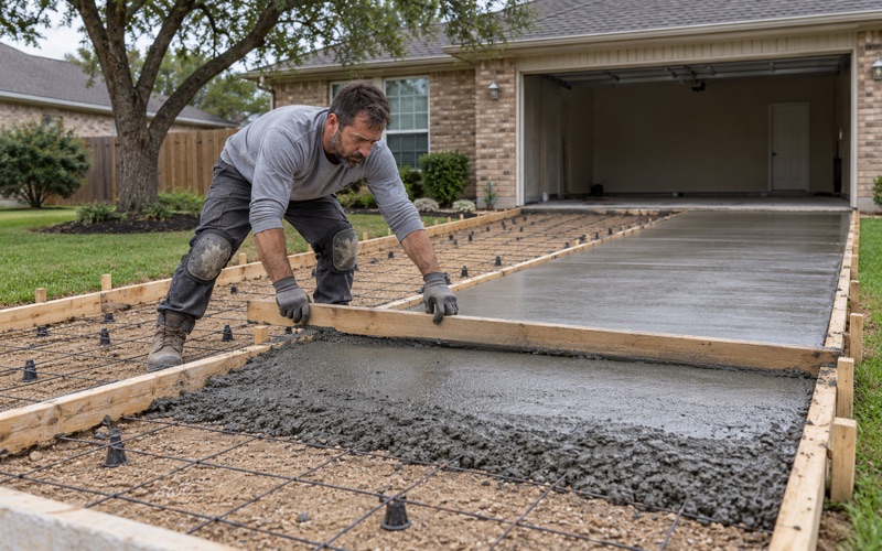 A screed board being drawn across a freshly placed concrete driveway in Leander, struck off flat behind and heaped wet ahead.