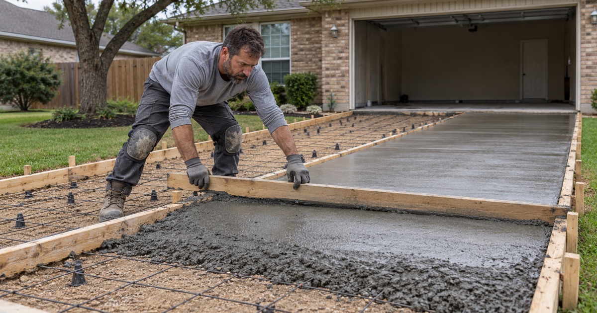 A screed board being drawn across a freshly placed concrete driveway in Leander, struck off flat behind and heaped wet ahead.