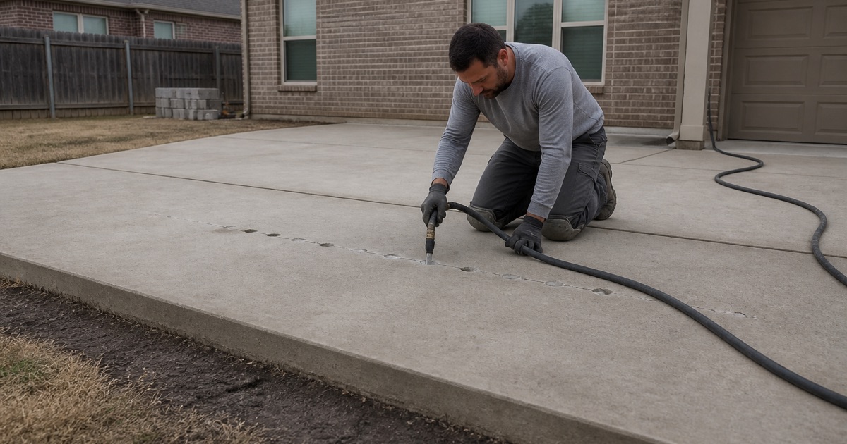 Foam being injected through a drilled port to lift a sunken concrete slab in Leander, the step across the joint still visible.