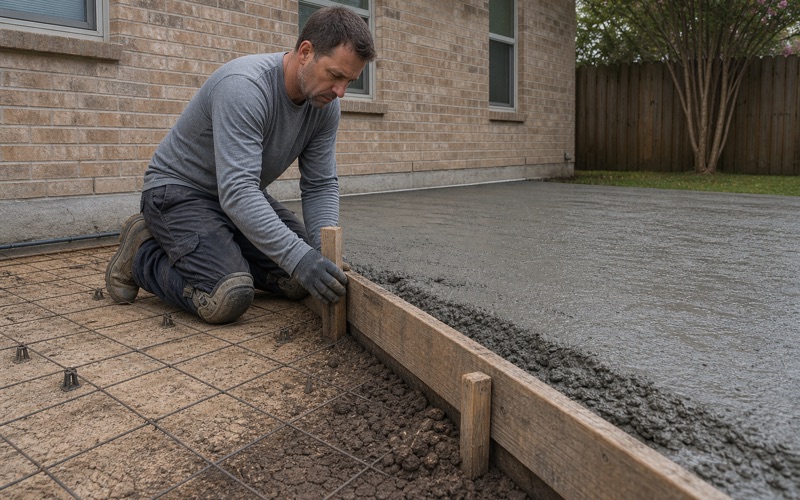 A turndown edge form being set for a new concrete patio in Leander, with concrete placed against the far side of it.