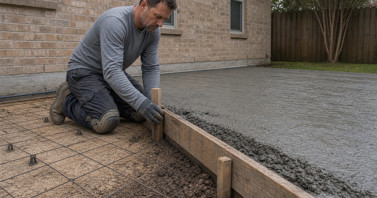 A turndown edge form being set for a new concrete patio in Leander, with concrete placed against the far side of it.