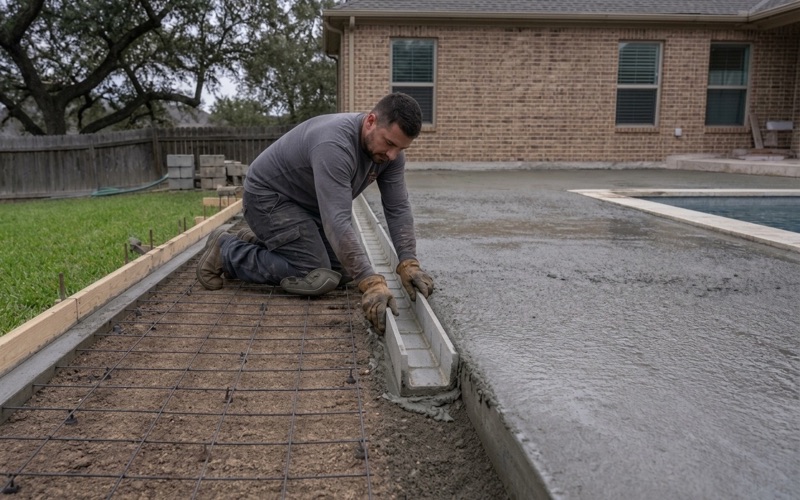 A trench drain channel being set into a new concrete pool deck in Leander, the coping and the placed deck concrete alongside.