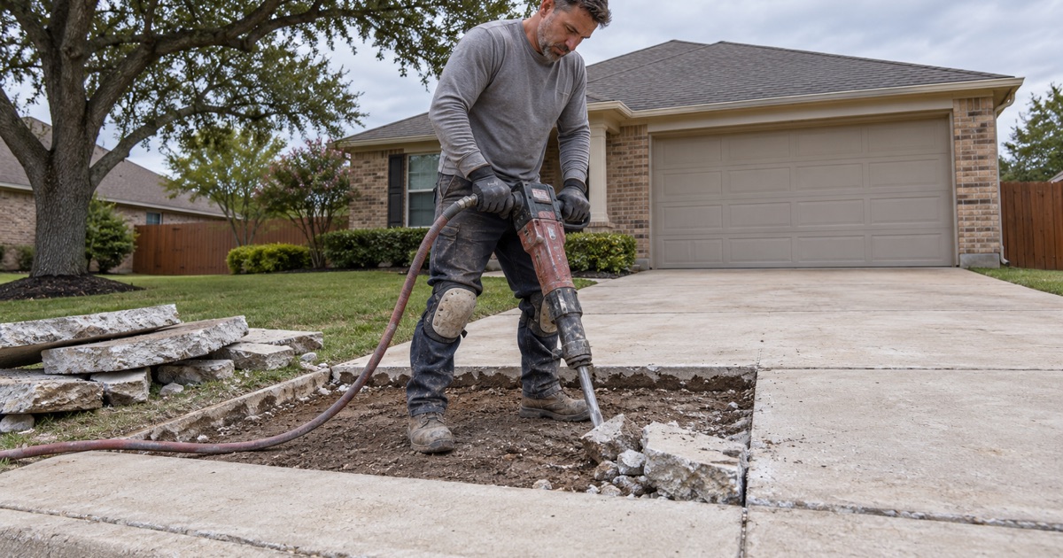 A failed section of concrete driveway being broken out with a hydraulic breaker in Leander, the four inch section and the subgrade showing under it.