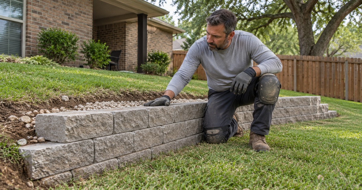 A segmental retaining wall going up course by course on a cast concrete leveling pad in Leander, drainage stone behind it.