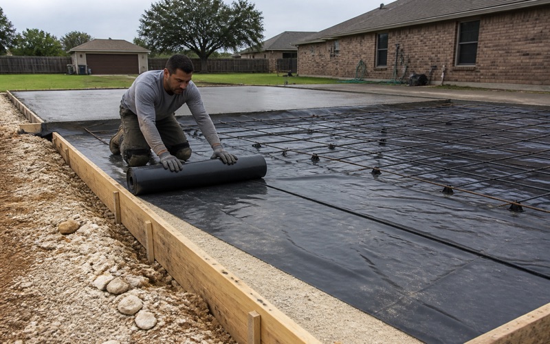 A vapor retarder being rolled out over compacted base for a new concrete slab in Leander, with concrete discharging at the far end.