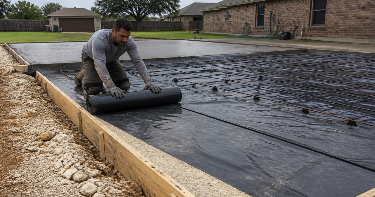 A vapor retarder being rolled out over compacted base for a new concrete slab in Leander, with concrete discharging at the far end.