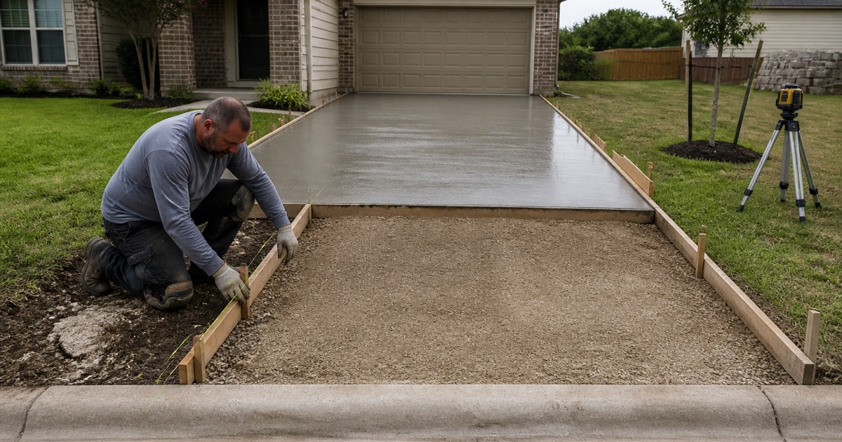 A grade stake being set at a formed driveway in Leander, with the placed concrete behind it and the curb beyond.