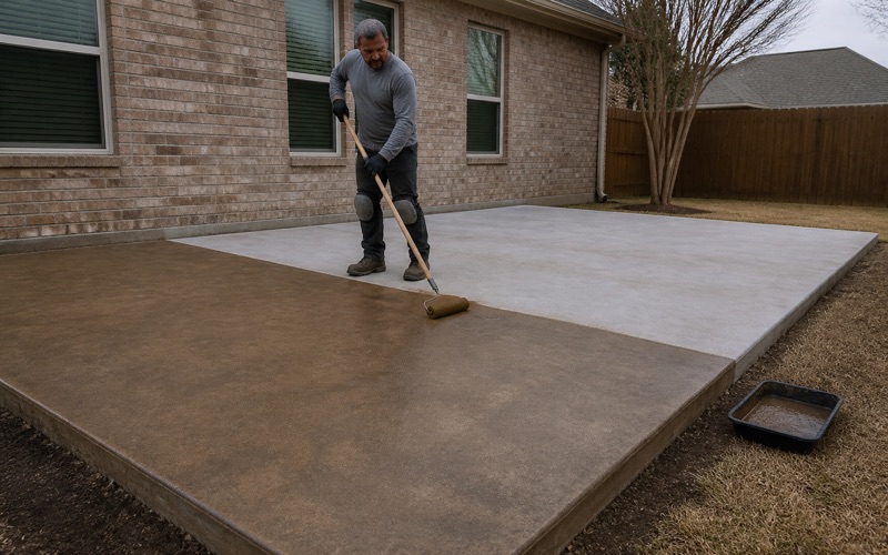 Acid stain being rolled onto a cured concrete patio in Leander, the treated half meeting the untreated half in a clean line.