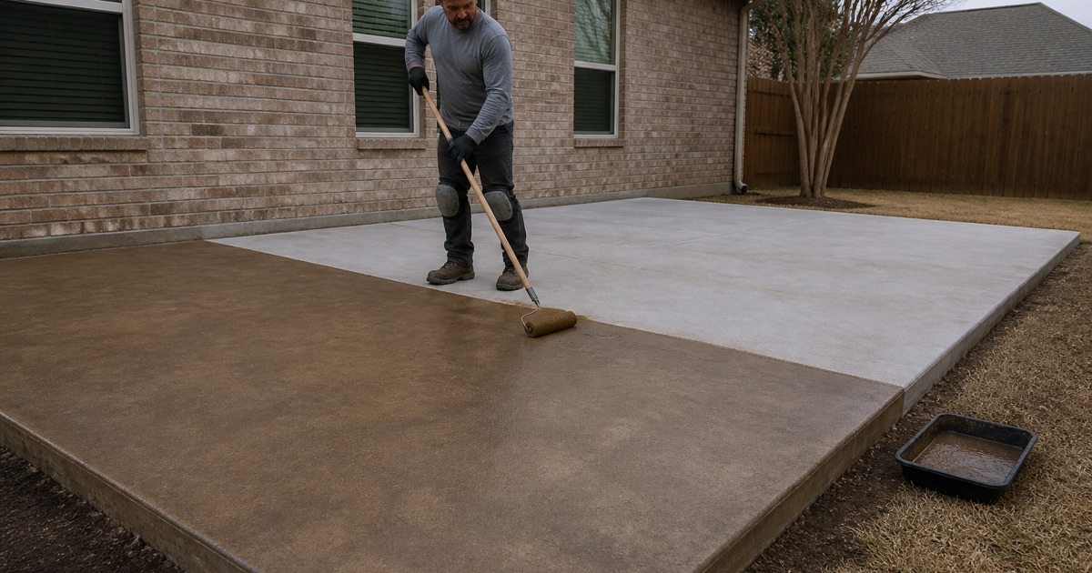Acid stain being rolled onto a cured concrete patio in Leander, the treated half meeting the untreated half in a clean line.