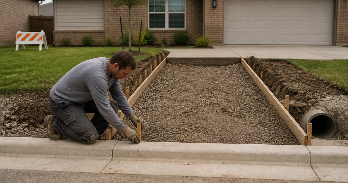 A driveway approach being formed at the curb in Leander, the forms set to a uniform slope inside the right of way.