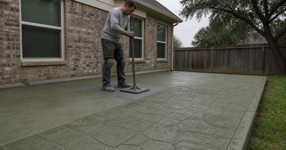 A stamp mat being tamped down into green colored concrete on a Leander patio, the pattern crisp behind it.