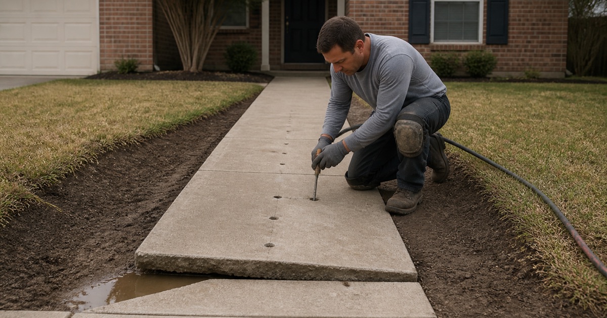 Polyurethane foam being injected through drilled ports into a settled concrete walk in Leander, with water standing along the low side.